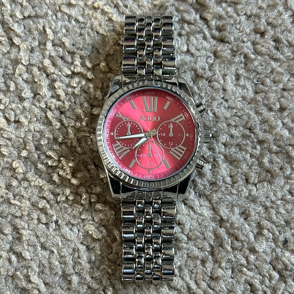 Folio women’s vintage silver/red stainless steel bracelet watch‎ one size - Picture 1 of 8